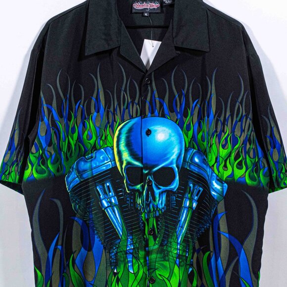 Sapphire Lounge Skull Motorcycle Flame Short Sleeve Button Shirt Loop Collar XL - Picture 3 of 6